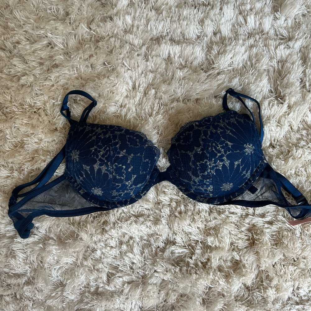 VS Navy Blue and Gold Lace Push up Bra